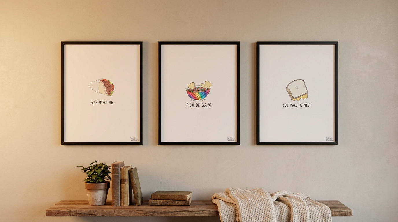 Three Limited Edition Signed Prints by rockdoodles featuring minimalist food illustrations with text hang on a beige wall above a wooden shelf—unique art prints that make fun pun gifts for your space.