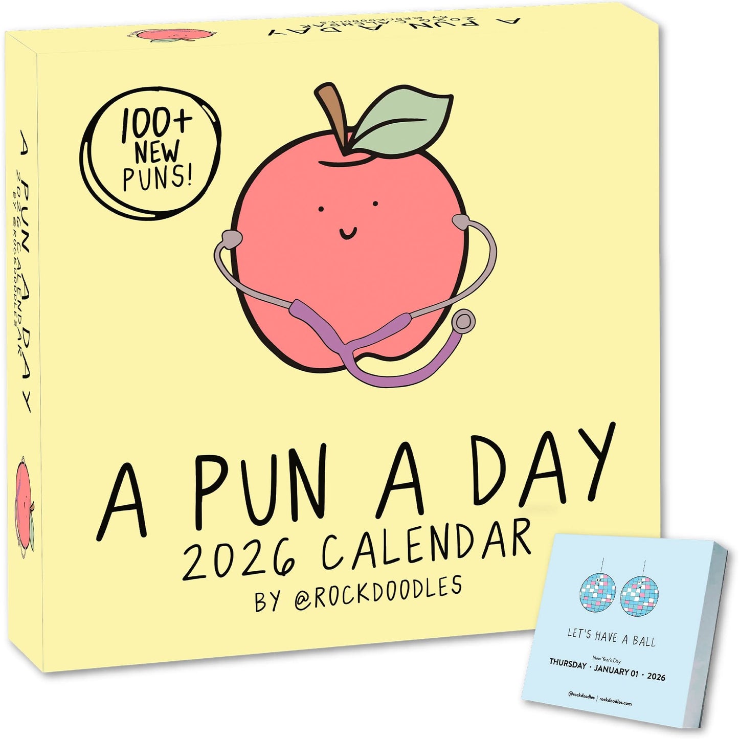 The 2026 A Pun A Day Desktop Calendar by rockdoodles features 100+ puns, a cartoon apple with a stethoscope on a light yellow cover, and is the perfect fun desk addition for any pun lover!.
