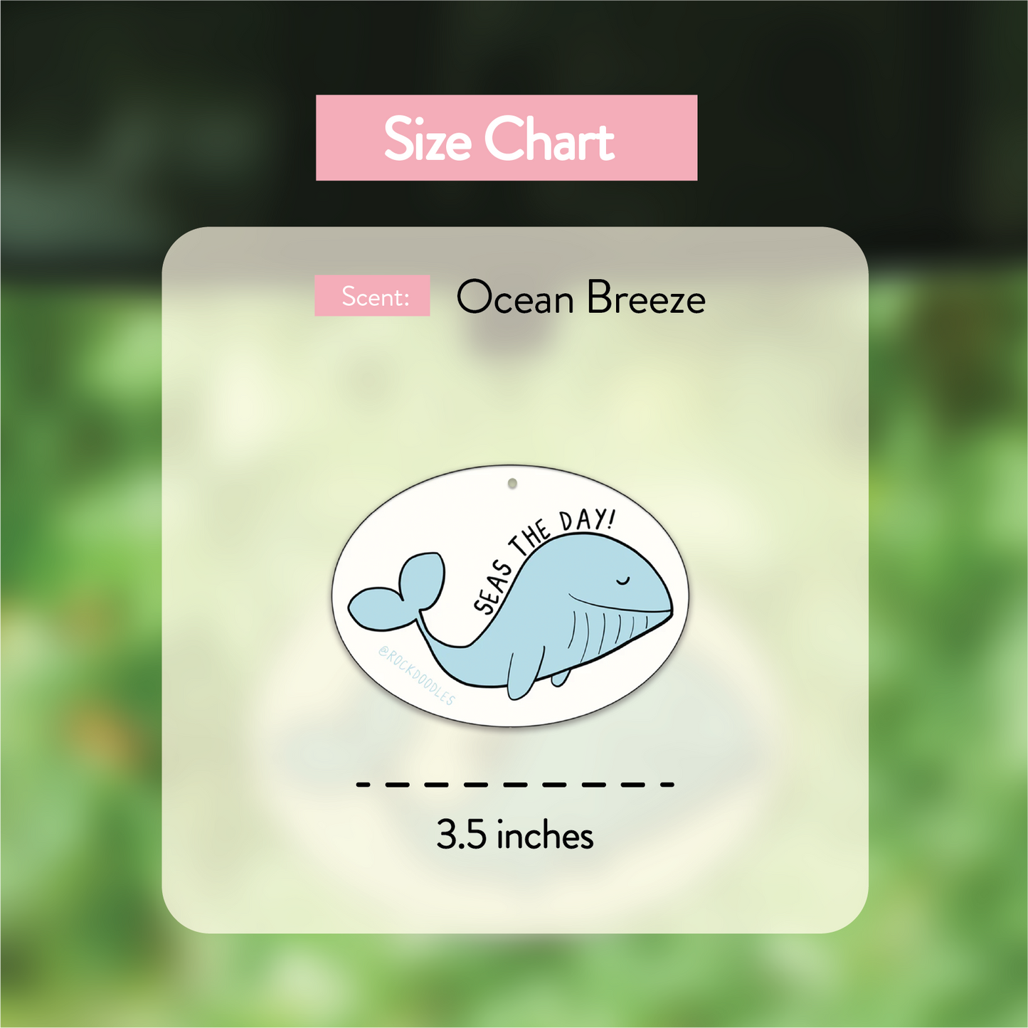 A 2-pack sticker featuring a size chart of a whale from the rockdoodles brand named Seas The Day (2-Pack) Punny Air Freshener in Ocean Scent.