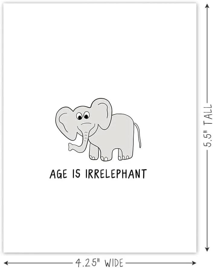 A screenshot of a phone displaying the rockdoodles Age Is Irrelephant Card within a natural envelope.