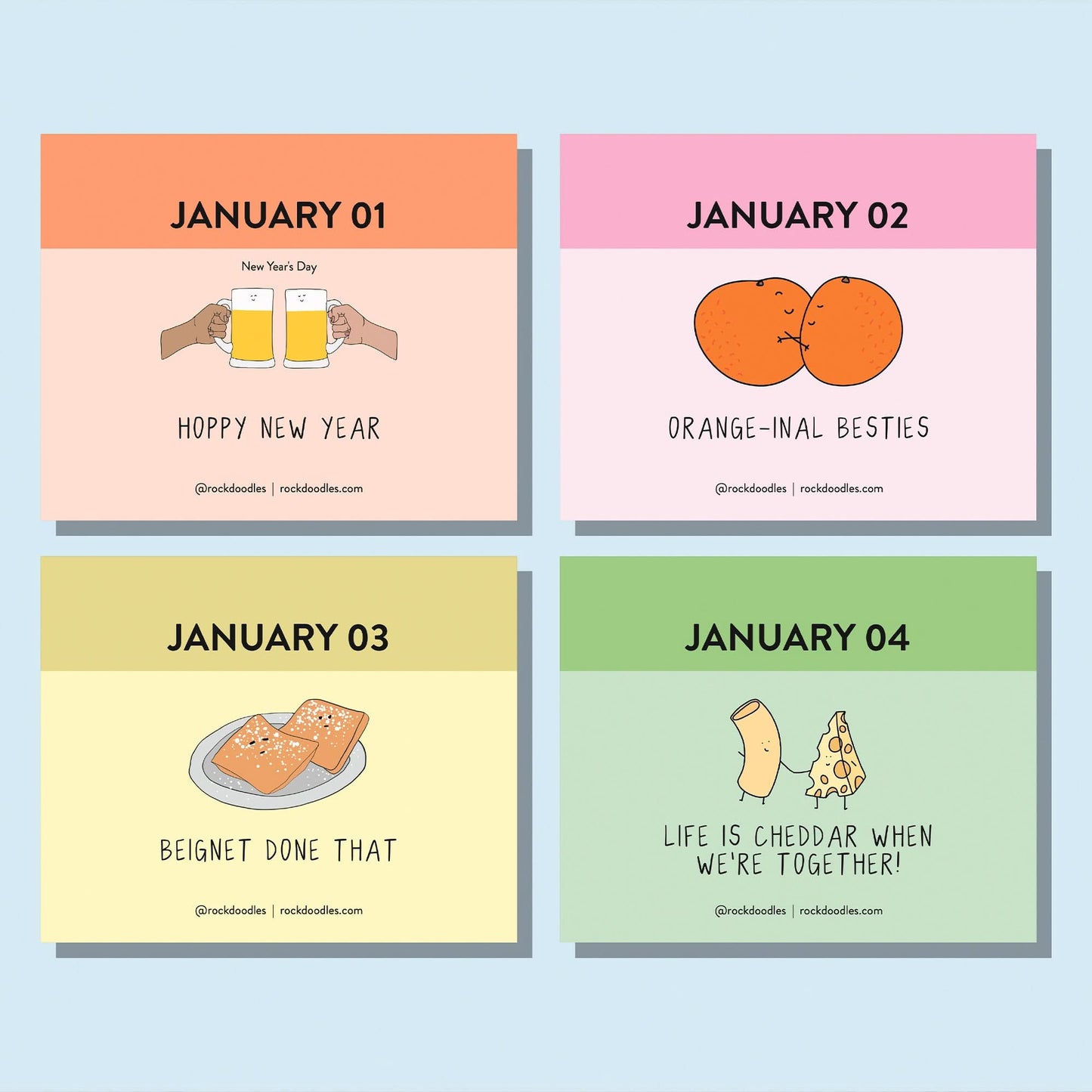 The rockdoodles "A Pun A Day Perpetual Calendar" includes four illustrated cards for January 1-4, each with daily food puns and charming cartoons—beer mugs, oranges, beignets, cheese slices—a fun gift for any food lover.