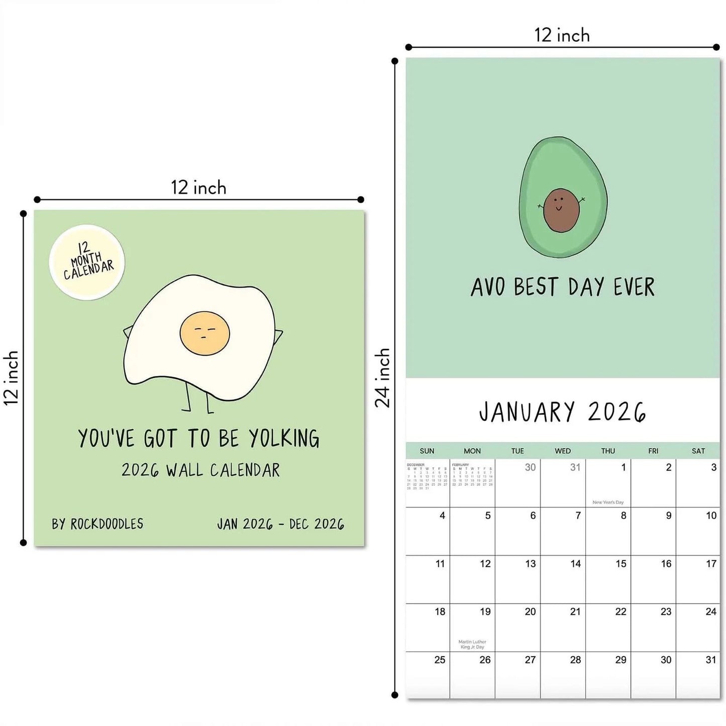 The rockdoodles 2026 Wall Calendar "You've Got To Be Yolking" features a cartoon egg cover and fun art like an avocado with “Avo Best Day Ever” for January, plus a useful monthly grid.