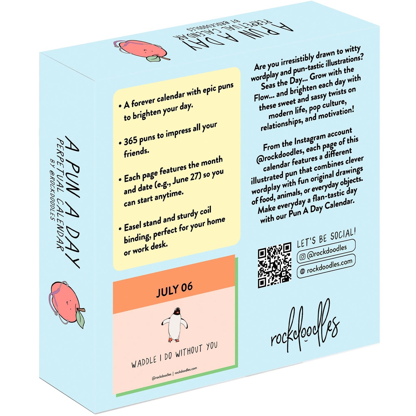 Back of an "A Pun A Day Perpetual Calendar" by rockdoodles, showcasing a witty description, daily puns, July 6 duck pun sample page, social media details, and a cheerful pastel-colored design.