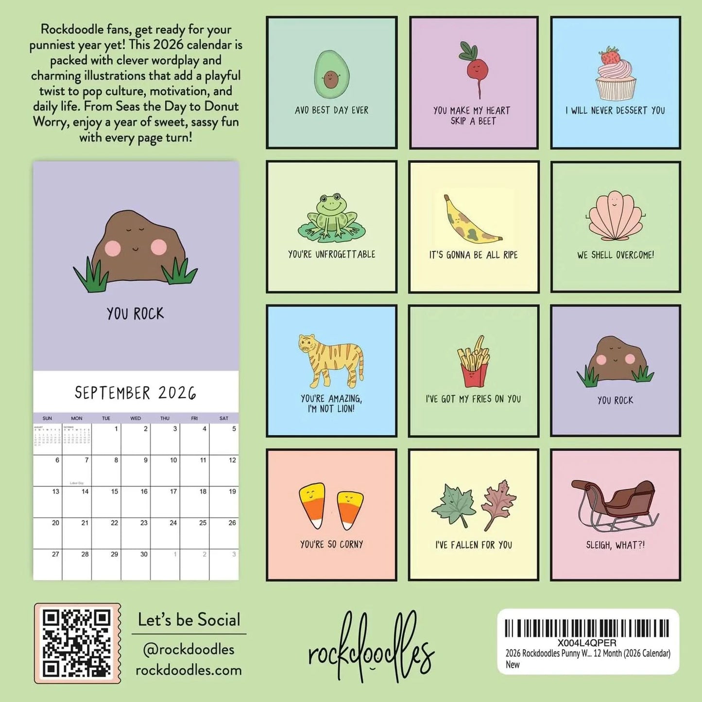 The 2026 Wall Calendar "You've Got To Be Yolking" by rockdoodles features pun illustrations of animals, food, and objects on a green background. The September page shows a smiling rock with "You Rock." Ideal for fans of the rockdoodles style!.