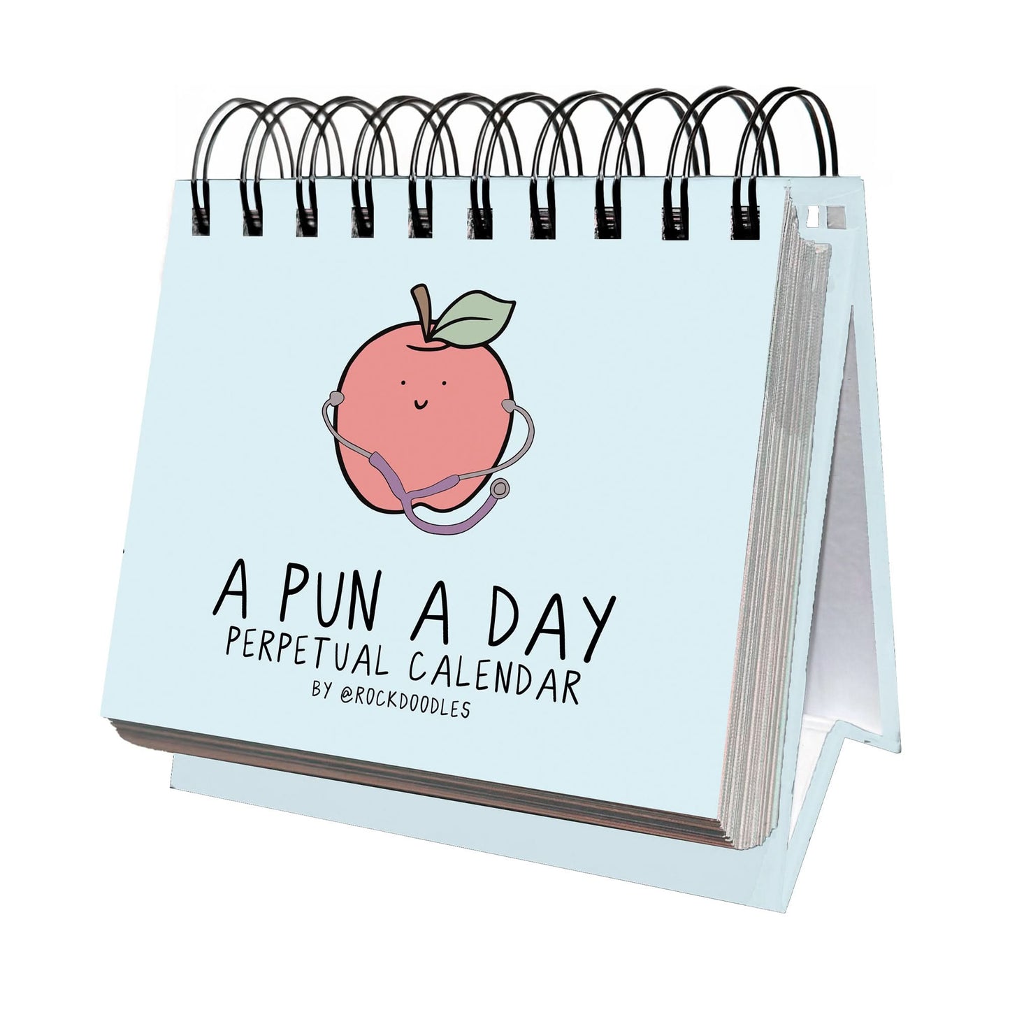 The rockdoodles "A Pun A Day Perpetual Calendar" is a spiral-bound desk calendar with a cover illustration of a smiling peach wearing a stethoscope—perfect for daily pun lovers.