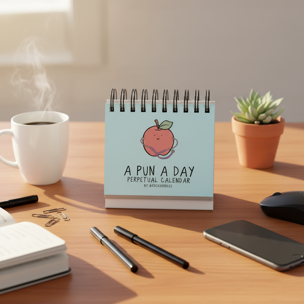A desk featuring rockdoodles’ A Pun A Day Perpetual Calendar, pens, paperclips, a coffee mug, smartphone, and potted plant—ideal for anyone who loves wordplay gifts and daily puns.