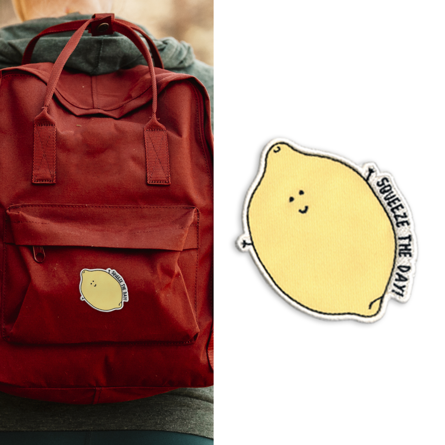 A red backpack with a smiling lemon patch and "Squeeze the Day!" text on the front pocket—a fun pick for pun lovers or fans of rockdoodles, just like the 2026 Calendar Gift Set by rockdoodles.