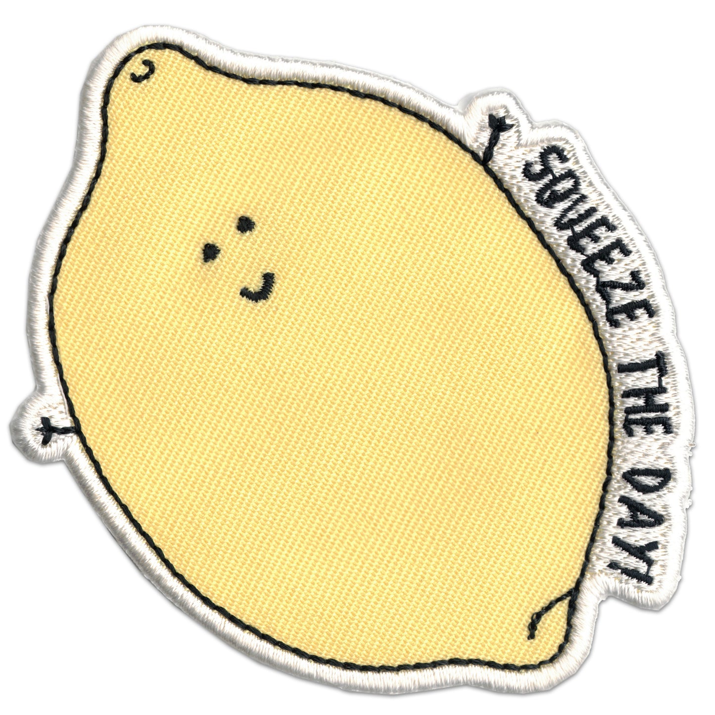 A yellow Squeeze The Day Patch from rockdoodles with the words sweeeeeeeeeeeeeeeeeeeee, iron on instructions and household iron.