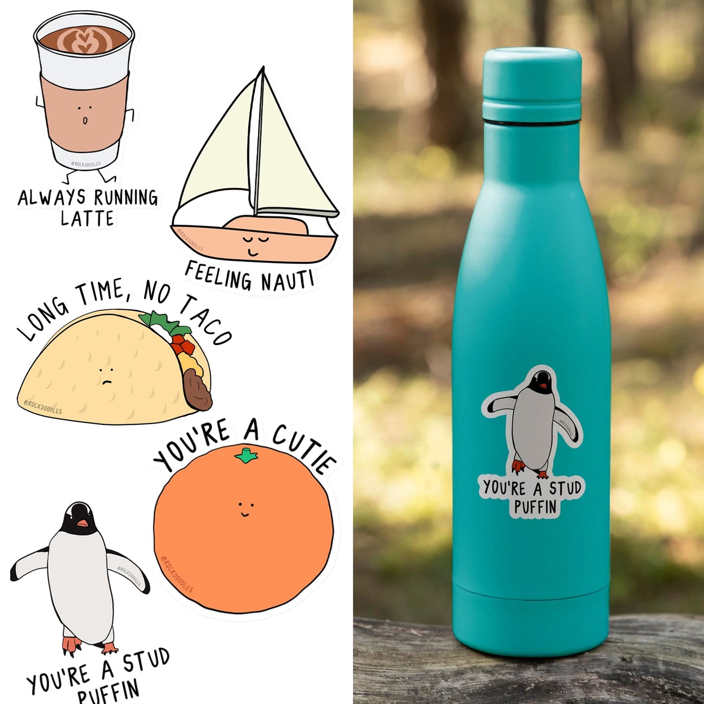 The "2025 Calendar Gift Set" by rockdoodles features a collection of five charming illustrations: a latte, sailboat, taco, orange, and puffin—all cleverly paired with playful puns. Part of the "Pun Calendar" series is a teal water bottle adorned with the puffin illustration and the pun "You're a stud puffin," making it ideal for daily motivation.