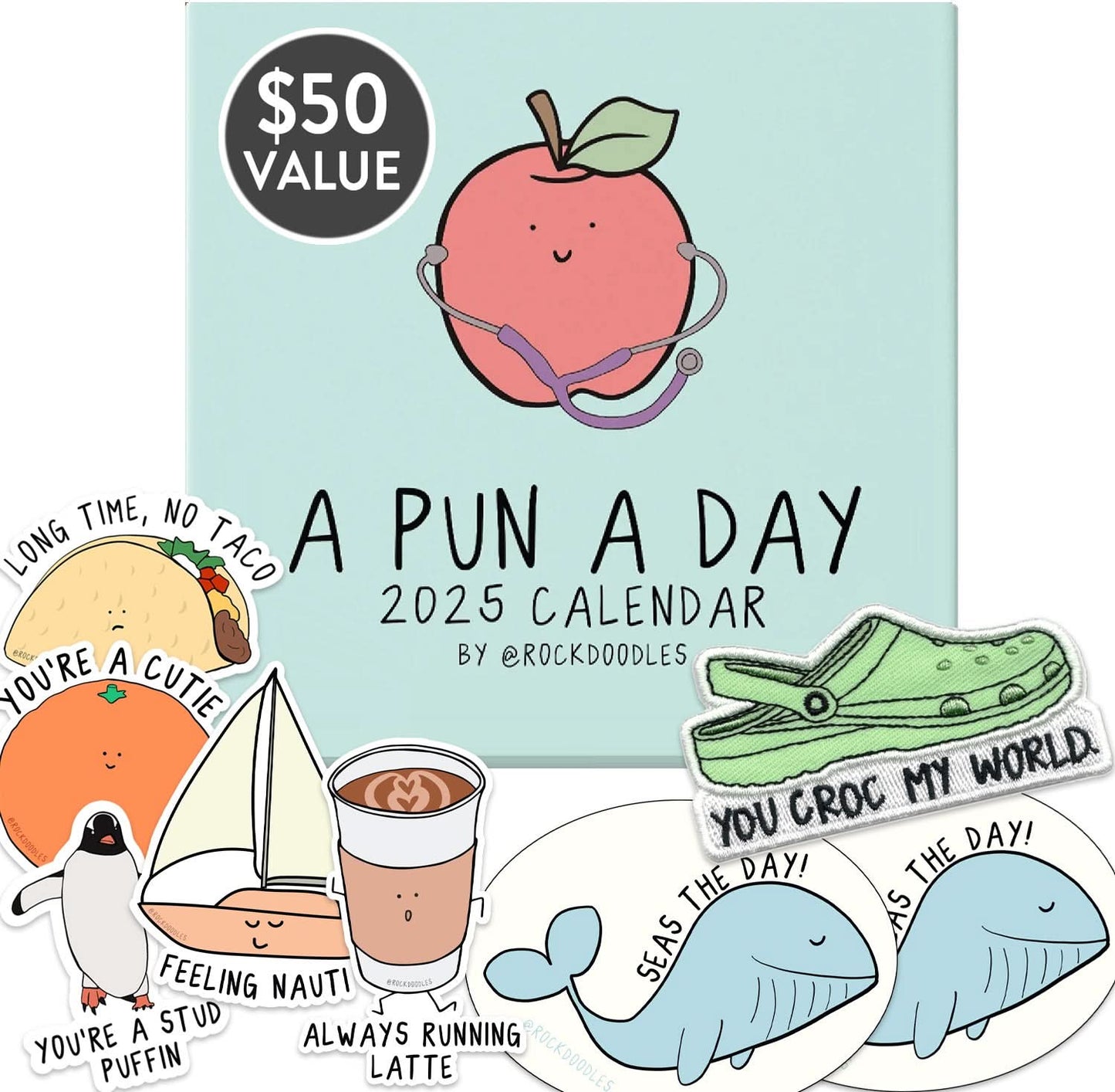 Explore the 2025 Calendar Gift Set by rockdoodles, packed with playful puns and charming illustrations featuring peaches, tacos, penguins, lattes, whales, and shoes. Enjoy daily delights like "You're a stud puffin" and "You croc my world." Perfect for pun enthusiasts!.