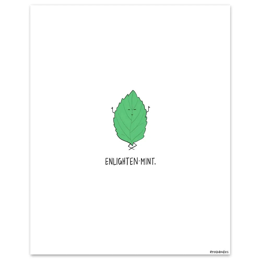 An Enlightenmint Print with the words 'balsamic mint' on it, showcased in a framed poster featuring a rockdoodles wood frame.