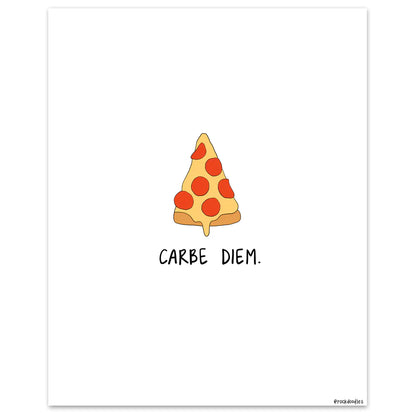 A framed poster of a Carpe Diem Print from rockdoodles, featuring a pizza slice on matte paper, encased in a wood frame.