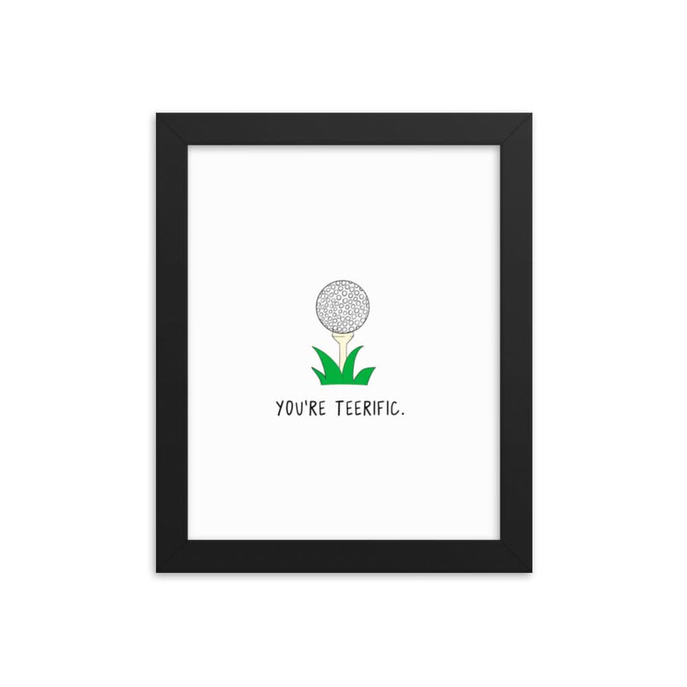 A framed Teerific Print with a golf ball on it from rockdoodles.