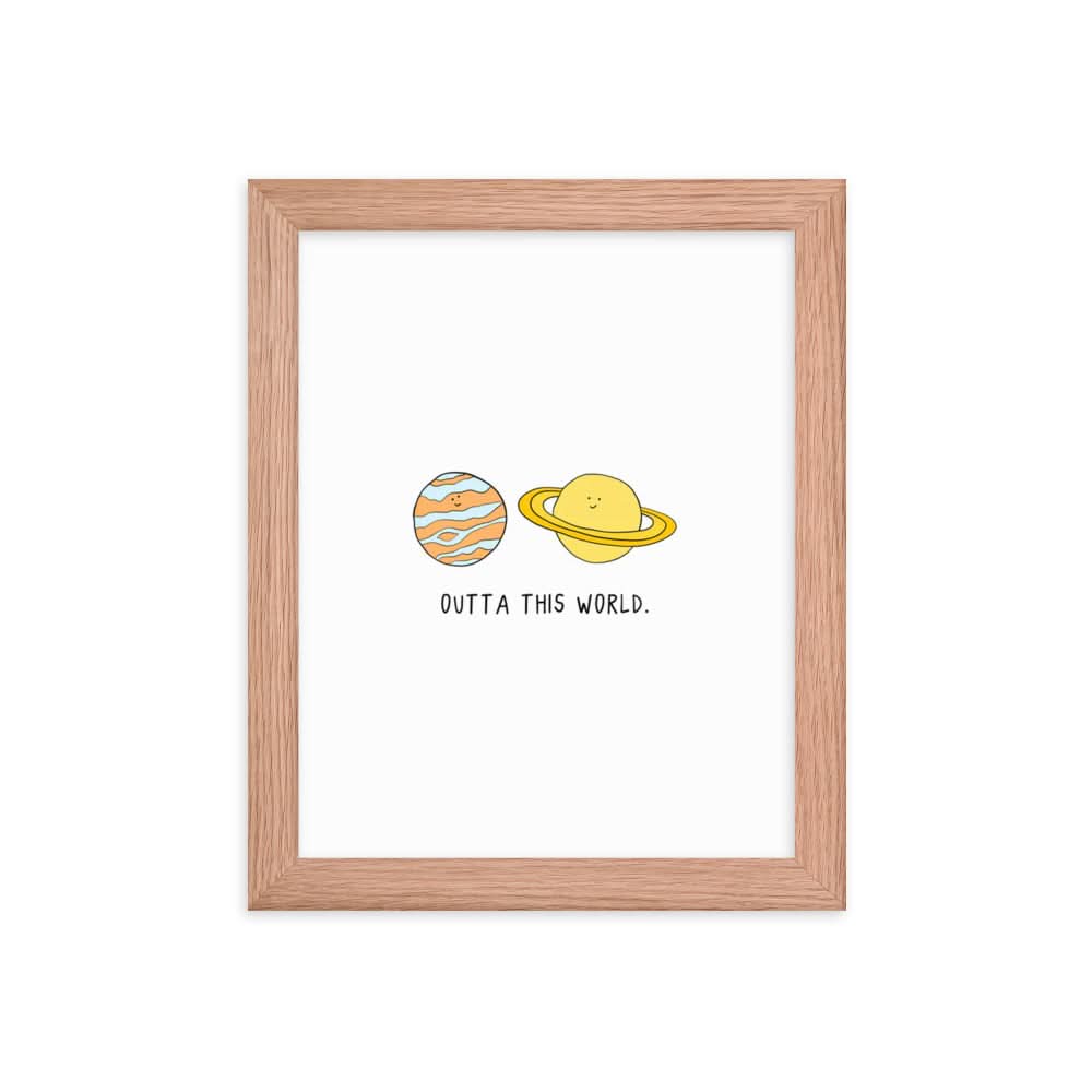 A rockdoodles framed Outta This World Print with two planets and the words 'let's go to the moon', featuring a wood frame on matte paper.
