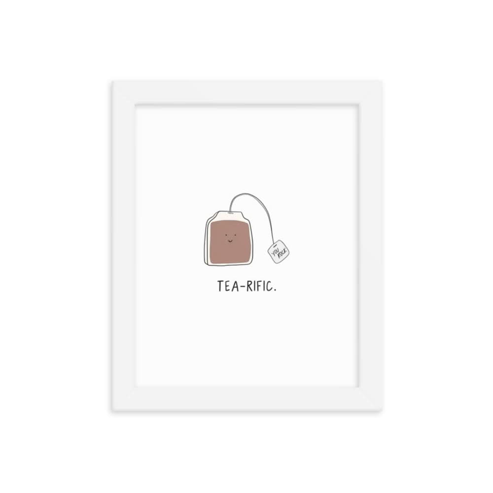 A framed Tea-rific Print of a tea bag with the word teapie on it, printed on thick matte paper sourced from renewable forests by rockdoodles.