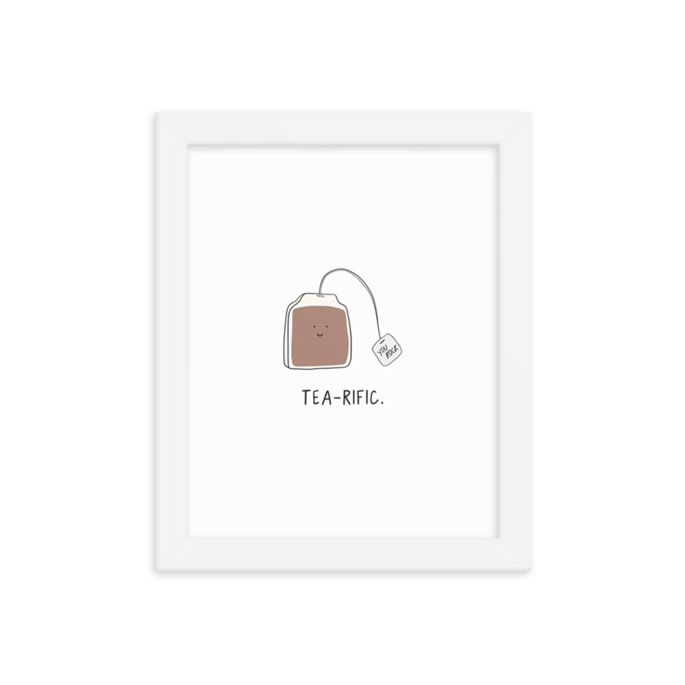 A framed Tea-rific Print of a tea bag with the word teapie on it, printed on thick matte paper sourced from renewable forests by rockdoodles.