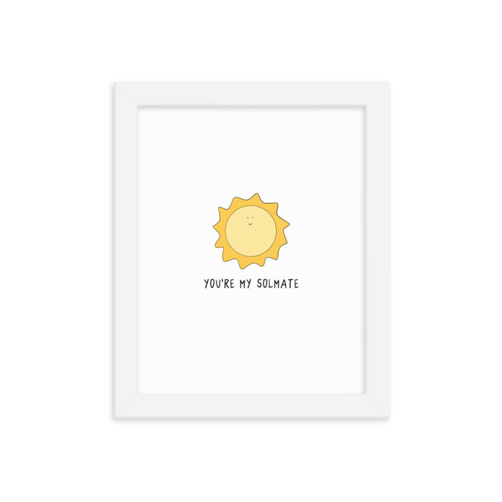 A framed Solmate Print poster of a sun printed on matte paper, encased in a beautiful wood frame. The artwork features the words "peace be with you," brought to you by rockdoodles.