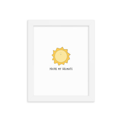 A framed Solmate Print poster of a sun printed on matte paper, encased in a beautiful wood frame. The artwork features the words "peace be with you," brought to you by rockdoodles.