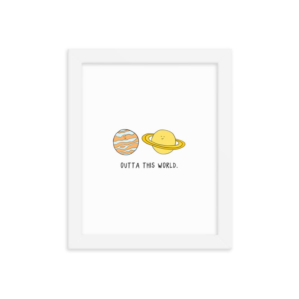 A white framed Outta This World Print poster with two planets and a sun on matte paper by rockdoodles.