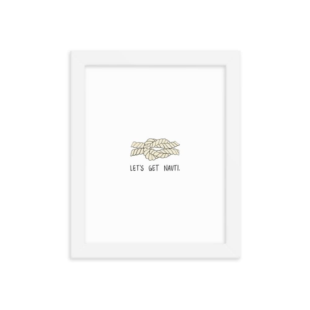 A Nauti Print poster with the brand rockdoodles, framed in white, and featuring the words let's go.