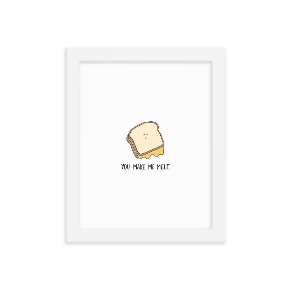 A white framed Melt Me Print poster with a sandwich on matte paper, enclosed in a wood frame by rockdoodles.