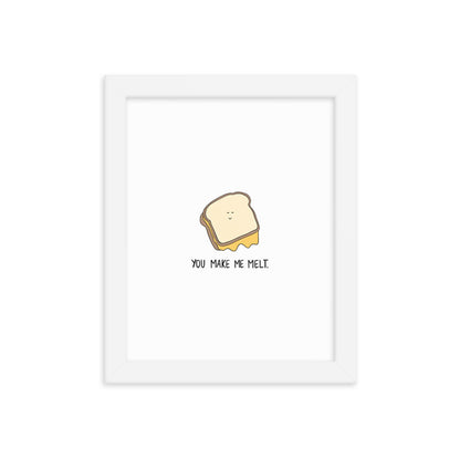 A white framed Melt Me Print poster with a sandwich on matte paper, enclosed in a wood frame by rockdoodles.