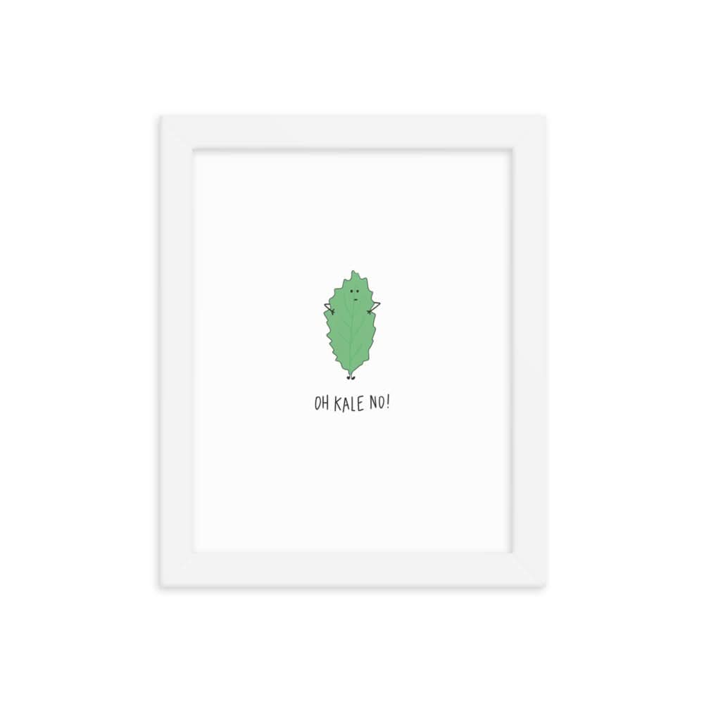 A white framed Kale No Print poster featuring a green leaf and a cartoon character on matte paper by rockdoodles.