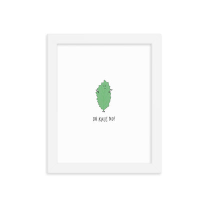 A white framed Kale No Print poster featuring a green leaf and a cartoon character on matte paper by rockdoodles.