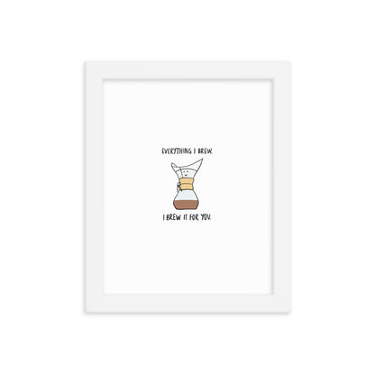 A framed Everything I Brew Print with a coffee mug on a wood frame by rockdoodles.
