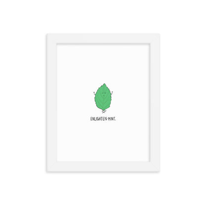 A white framed Enlightenmint Print by rockdoodles with a green leaf on thick matte paper.