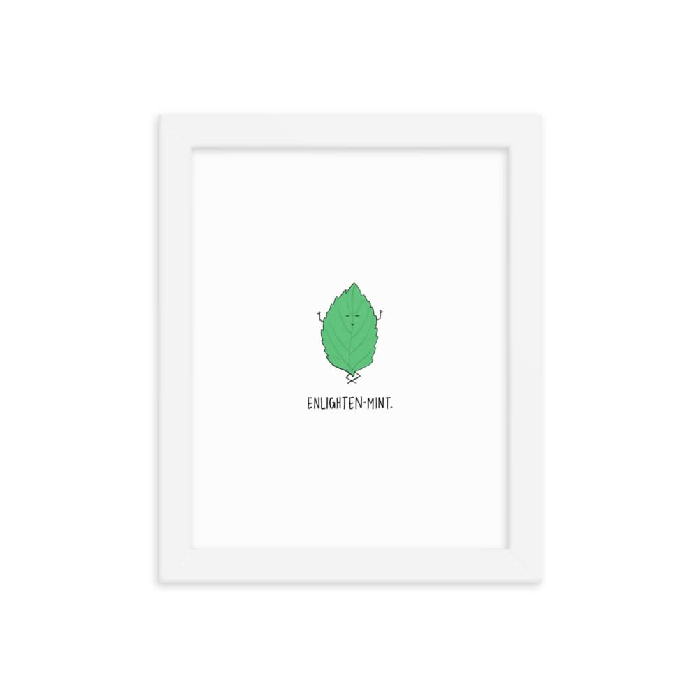 A white framed Enlightenmint Print by rockdoodles with a green leaf on thick matte paper.