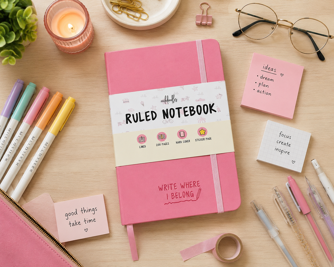 Flat Lay of the Rockdoodles Notebook With Creative Tools