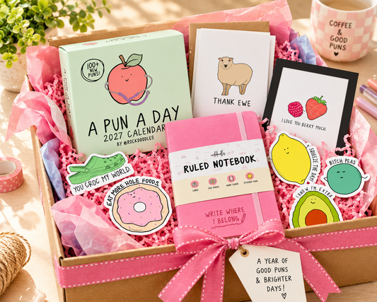 2027 pun calendar gift set with funny illustrated stationery and novelty gifts