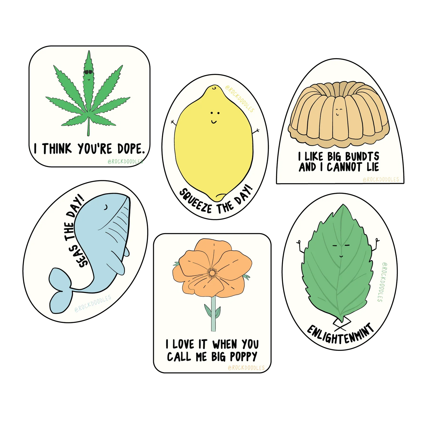 Six illustrated stickers feature puns with drawings: a cannabis leaf, lemon, bundt cake, narwhal, poppy flower, and tree leaf, each with a playful caption.