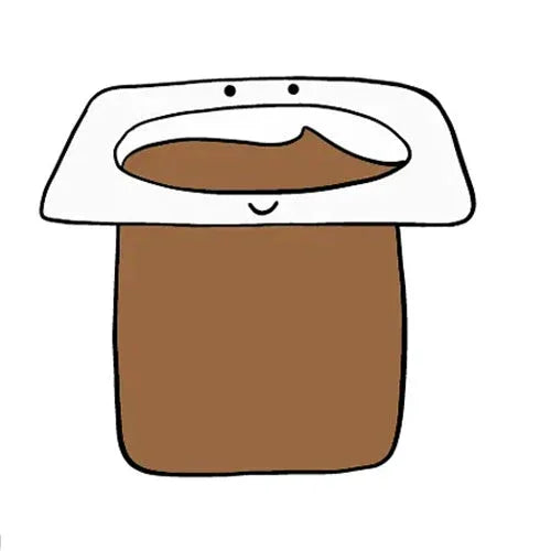 A simple drawing of a brown pudding cup with an open foil lid, featuring a smiley face and two small eyes on the lid.