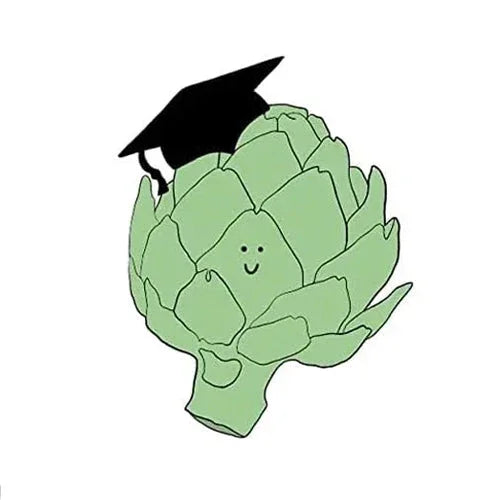 A cartoon artichoke with a smiling face wears a black graduation cap against a plain white background.