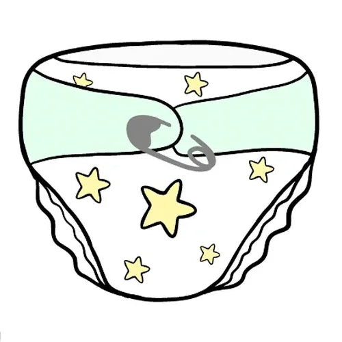 Illustration of a diaper with yellow star patterns and a green waistband, secured with a grey safety pin.
