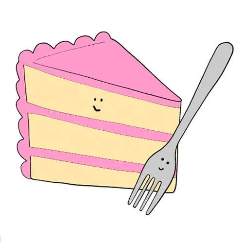 A cartoon slice of pink and yellow layered cake with a smiling face, next to a fork that also has a smiling face, on a white background.