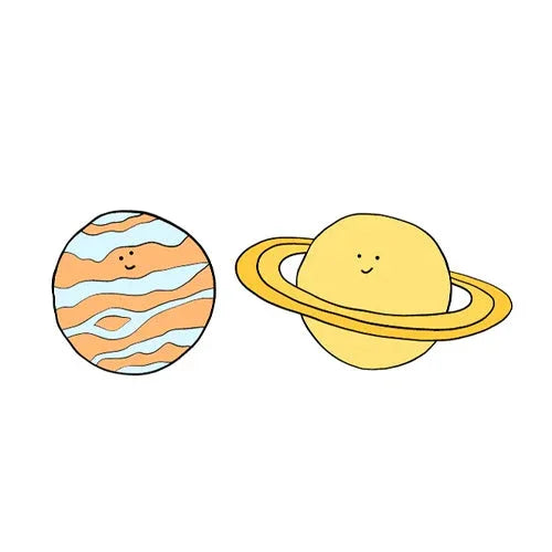 Illustration of two planets with smiling faces; the left planet has wavy orange and blue stripes, and the right yellow planet has rings.
