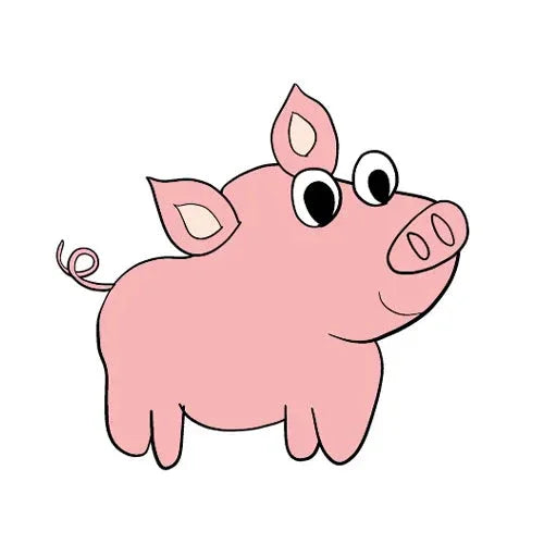 Simple cartoon illustration of a pink pig with large eyes, a curly tail, and upright ears, standing on a white background.