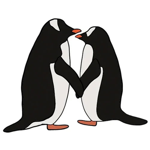 Two penguins standing face to face, touching beaks and holding each other's flippers.