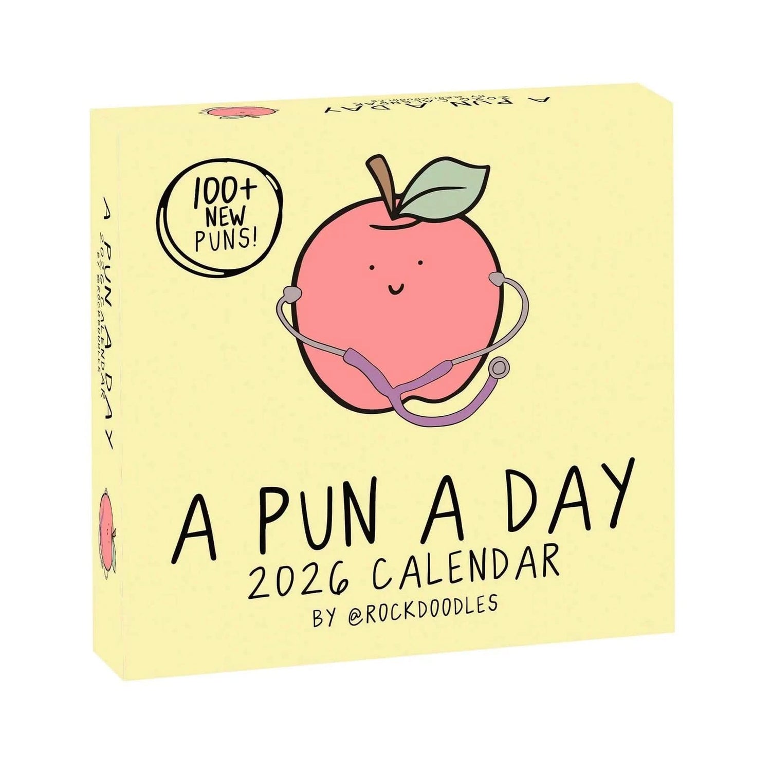 The 2026 A Pun A Day Desktop Calendar by rockdoodles is plastic-free and features a smiling peach cartoon with a stethoscope, plus 100+ new puns to brighten your day.