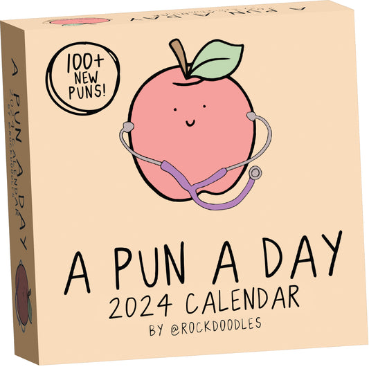 A 2024 Rockdoodles Punny Day-To-Day Calendar filled with daily puns and whimsical drawings.
