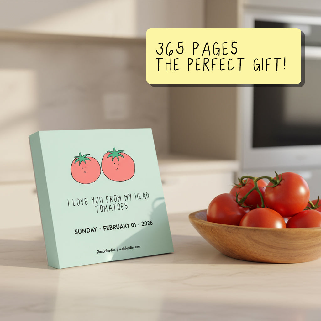The rockdoodles 2026 Calendar Gift Set features daily puns—like illustrated tomatoes with "I love you from my head tomatoes"—making it the perfect gift for pun lovers and bringing smiles all year long.