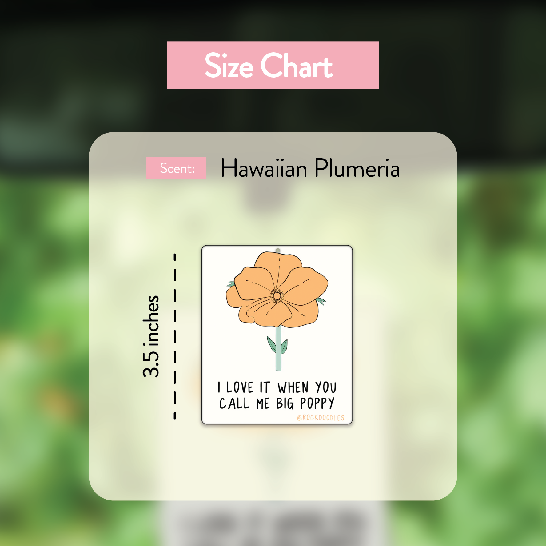 Size chart for rockdoodles Big Poppy (2-Pack) Punny Air Freshener - Hawaiian Plumeria Scent.