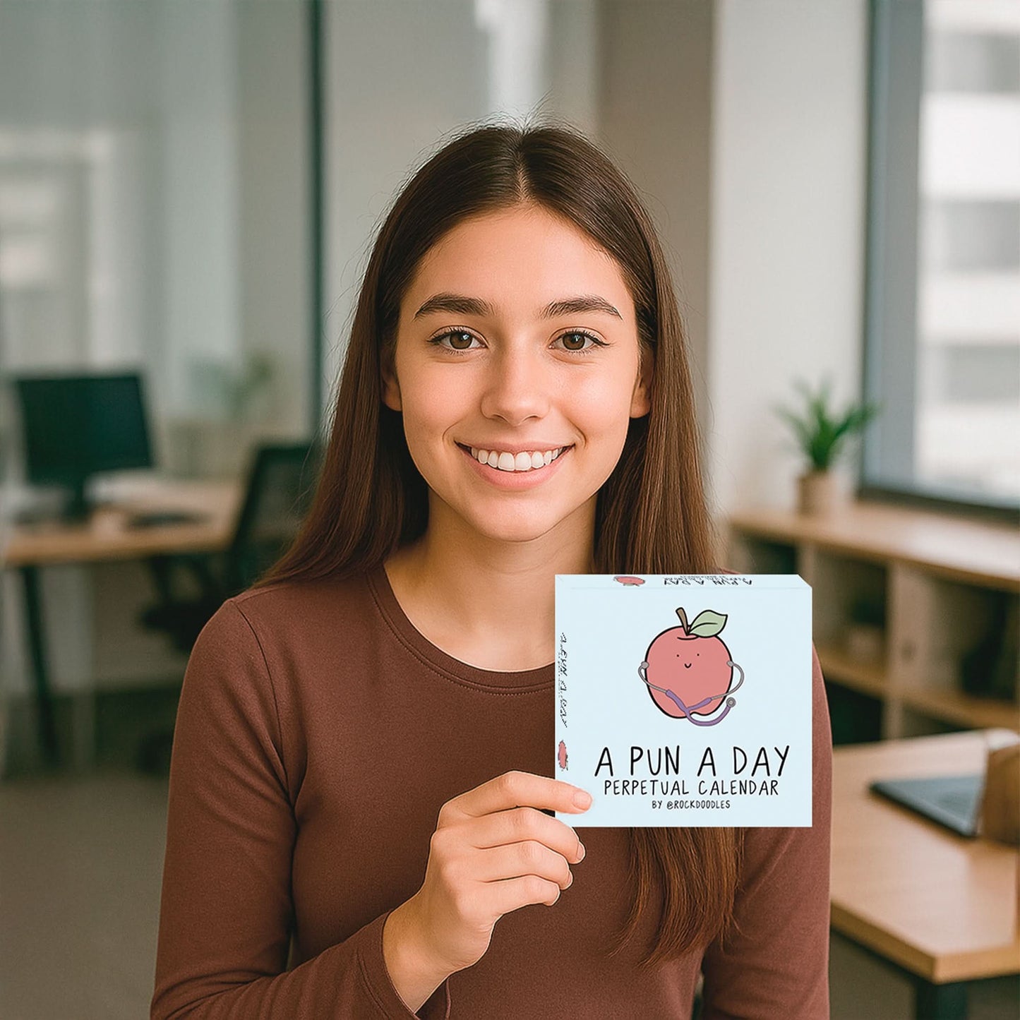 A woman sits in an office holding a boxed "A Pun A Day Perpetual Calendar" by rockdoodles, featuring a cartoon apple—ideal for daily pun enthusiasts or anyone looking for a clever wordplay gift.