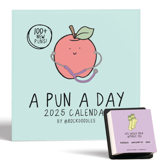 The "2025 Rockdoodles Punny Day-To-Day Calendar" by rockdoodles showcases whimsical illustrations, such as a peach wearing a stethoscope on the cover, and serves as a delightful desk block calendar with uplifting messages. It kicks off with "Life Would Sock Without You" on January 7, 2025.