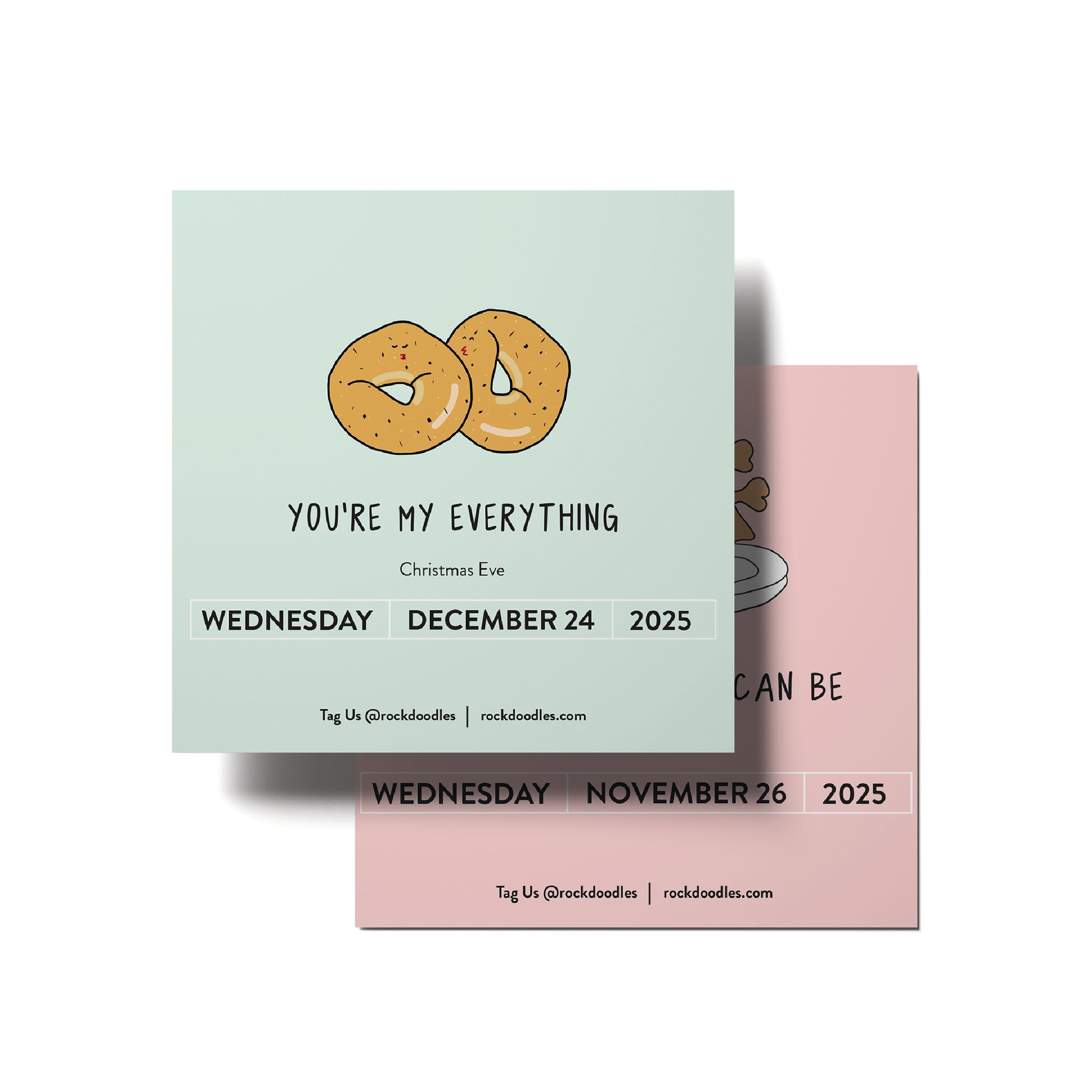 Two square cards from the 2025 A Pun A Day Desktop Calendar by rockdoodles featuring charming illustrations—a bagel with 