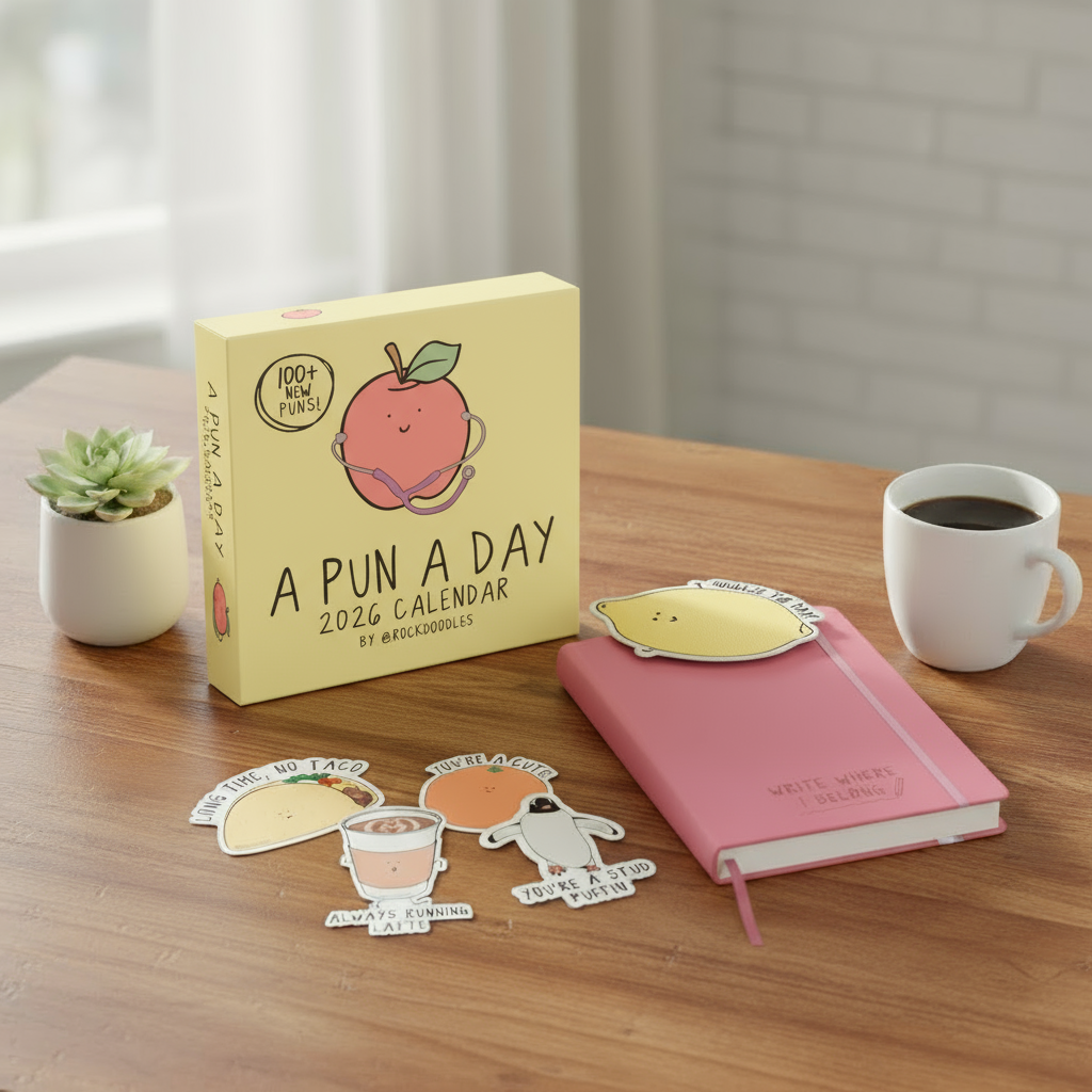 A "2026 Calendar Gift Set" from rockdoodles, featuring a pink notebook with lemon bookmark, pun-themed stickers, a potted succulent, and coffee on a wooden table by the window—perfect for any pun lover.