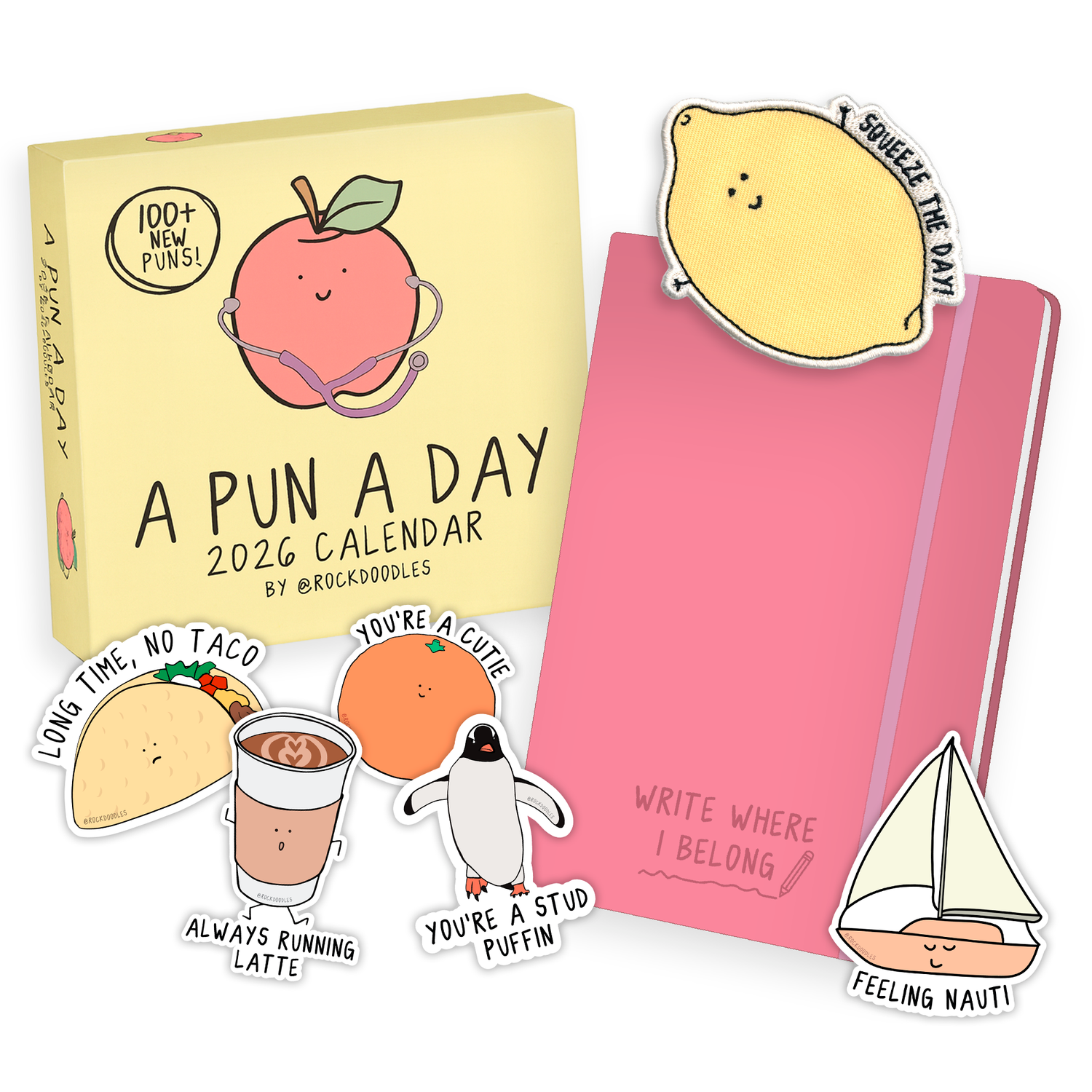 Perfect for pun lovers, the 2026 Calendar Gift Set by rockdoodles includes a pink notebook and six cartoon stickers with witty food and animal puns.